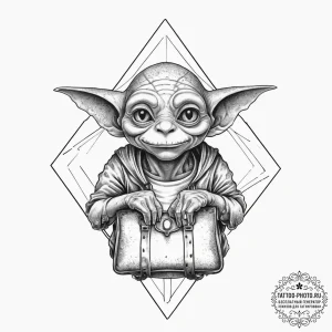 Tattoo sketch goblin with a bag of gold, ink... - эскиз тату (№1756628284_0, 31.08.2025 08:18) — tattoo-photo.ru