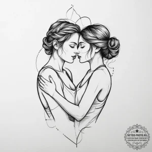 Tattoo sketch two figures embracing in a fine... - эскиз тату (№1756628887_0, 31.08.2025 08:28) — tattoo-photo.ru