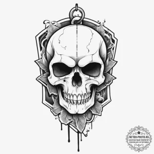 Tattoo sketch skull with a dog tag, concept a... - эскиз тату (№1756634098_0, 31.08.2025 09:54) — tattoo-photo.ru
