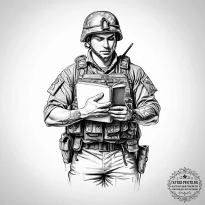 Tattoo sketch soldier with a book - эскиз тату (№1756660180_0, 31.08.2025 17:09) — tattoo-photo.ru