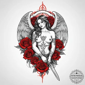 Tattoo sketch angel with fiery sword, tattoo... - эскиз тату (№1756661568_0, 31.08.2025 17:32) — tattoo-photo.ru