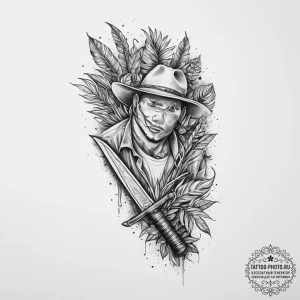 Tattoo sketch jungle exploration with a mache... - эскиз тату (№1756672977_0, 31.08.2025 20:42) — tattoo-photo.ru