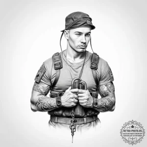 Tattoo sketch soldier with a lock - эскиз тату (№1756694714_0, 01.09.2025 02:45) — tattoo-photo.ru