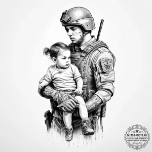 Tattoo sketch soldier and a child, ink illust... - эскиз тату (№1756708971_0, 01.09.2025 06:42) — tattoo-photo.ru