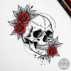 Tattoo sketch trash polka череп и розы, tatto... - эскиз тату (№1756768228_0, 01.09.2025 23:10) — tattoo-photo.ru