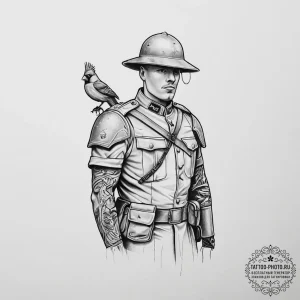 Tattoo sketch soldier with a cardinal, tattoo... - эскиз тату (№1756806913_0, 02.09.2025 09:55) — tattoo-photo.ru