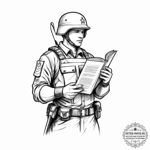 Tattoo sketch soldier with a book, artistic t... - эскиз тату (№1756895987_0, 03.09.2025 10:39) — tattoo-photo.ru