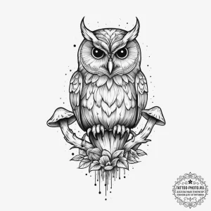 Tattoo sketch glowing mushrooms with an owl,... - эскиз тату (№1756942330_0, 03.09.2025 23:32) — tattoo-photo.ru