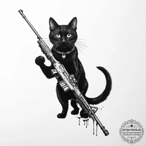 Tattoo sketch black cat with a rifle - эскиз тату (№1757021868_0, 04.09.2025 21:37) — tattoo-photo.ru