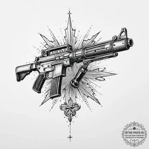 Tattoo sketch star with a machine gun, artist... - эскиз тату (№1757043780_0, 05.09.2025 03:43) — tattoo-photo.ru