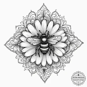 Tattoo sketch daisy with a bee, tattoo line a... - эскиз тату (№1757074137_0, 05.09.2025 12:08) — tattoo-photo.ru