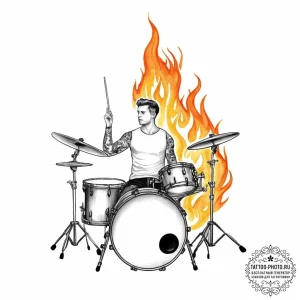 Tattoo sketch musician a drum set with fire - эскиз тату (№1757093794_0, 05.09.2025 17:36) — tattoo-photo.ru