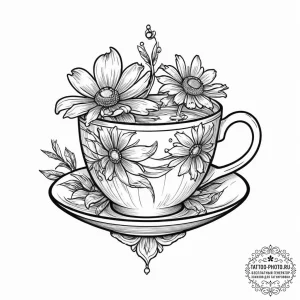Tattoo sketch chamomile with a teacup, tattoo... - эскиз тату (№1757094189_0, 05.09.2025 17:43) — tattoo-photo.ru