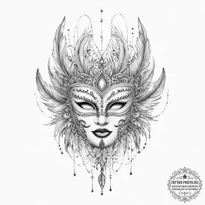 Tattoo sketch feathered mask tattoo - эскиз тату (№1757108443_0, 05.09.2025 21:40) — tattoo-photo.ru