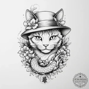 Tattoo sketch puns a cat in a hat that says "... - эскиз тату (№1757117708_0, 06.09.2025 00:15) — tattoo-photo.ru