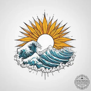 Tattoo sketch wave with a sun, ink illustrati... - эскиз тату (№1757123535_0, 06.09.2025 01:52) — tattoo-photo.ru