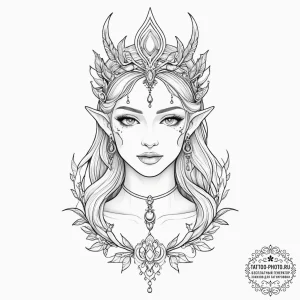 Tattoo sketch elven queen, tattoo drawing out... - эскиз тату (№1757125529_0, 06.09.2025 02:25) — tattoo-photo.ru