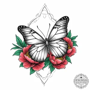 Tattoo sketch peony with a butterfly, tattoo... - эскиз тату (№1757144397_0, 06.09.2025 07:39) — tattoo-photo.ru