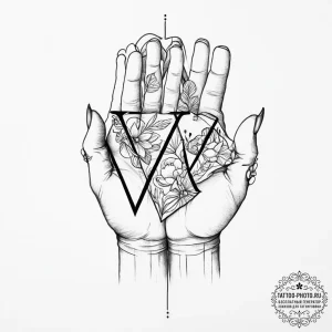 Tattoo sketch hands with a letter, tattoo lin... - эскиз тату (№1757153228_0, 06.09.2025 10:07) — tattoo-photo.ru
