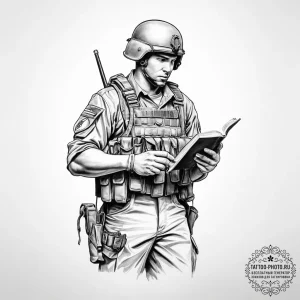 Tattoo sketch soldier with a book - эскиз тату (№1757178604_0, 06.09.2025 17:10) — tattoo-photo.ru