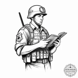 Tattoo sketch soldier with a book, tattoo dra... - эскиз тату (№1757197246_0, 06.09.2025 22:20) — tattoo-photo.ru