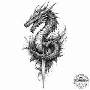 Tattoo sketch dragon with a sword, ink illust... - эскиз тату (№1757198443_0, 06.09.2025 22:40) — tattoo-photo.ru