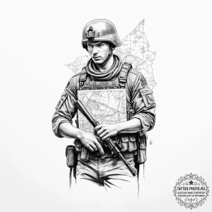 Tattoo sketch soldier with a map - эскиз тату (№1757204619_0, 07.09.2025 00:23) — tattoo-photo.ru