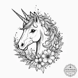 Tattoo sketch unicorn with flowers, tattoo fl... - эскиз тату (№1757220198_0, 07.09.2025 04:43) — tattoo-photo.ru