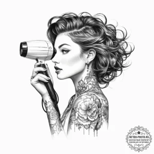 Tattoo sketch stylist a person with a hairdry... - эскиз тату (№1757231329_0, 07.09.2025 07:48) — tattoo-photo.ru