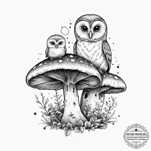 Tattoo sketch glowing mushrooms with an owl - эскиз тату (№1757285543_0, 07.09.2025 22:52) — tattoo-photo.ru