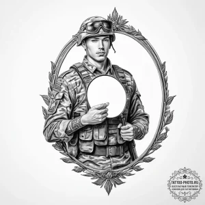 Tattoo sketch soldier with a mirror - эскиз тату (№1757315747_0, 08.09.2025 07:15) — tattoo-photo.ru