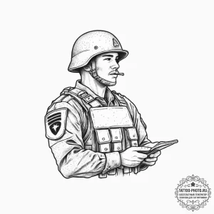 Tattoo sketch soldier with a document, concep... - эскиз тату (№1757337611_0, 08.09.2025 13:20) — tattoo-photo.ru