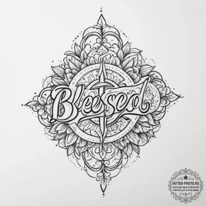 Tattoo sketch blessed lettering - эскиз тату (№1757342603_0, 08.09.2025 14:43) — tattoo-photo.ru