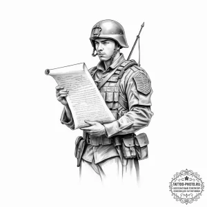 Tattoo sketch soldier with a scroll - эскиз тату (№1757342997_0, 08.09.2025 14:49) — tattoo-photo.ru