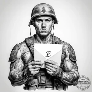 Tattoo sketch soldier with a letter - эскиз тату (№1757357695_0, 08.09.2025 18:54) — tattoo-photo.ru
