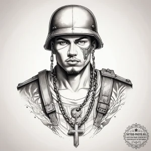Tattoo sketch soldier with a chain, artistic... - эскиз тату (№1757367039_0, 08.09.2025 21:30) — tattoo-photo.ru