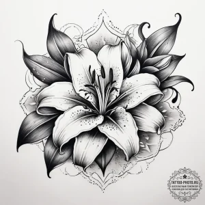 Tattoo sketch lily with a quote, ink illustra... - эскиз тату (№1757376169_0, 09.09.2025 00:02) — tattoo-photo.ru