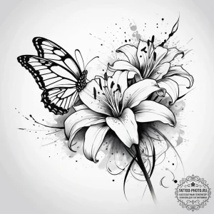 Tattoo sketch lily with a butterfly, tattoo d... - эскиз тату (№1757388680_0, 09.09.2025 03:31) — tattoo-photo.ru