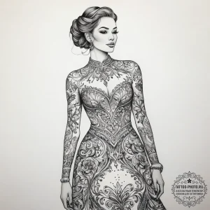 Tattoo sketch evening gown with a quote, tatt... - эскиз тату (№1757390859_0, 09.09.2025 04:07) — tattoo-photo.ru