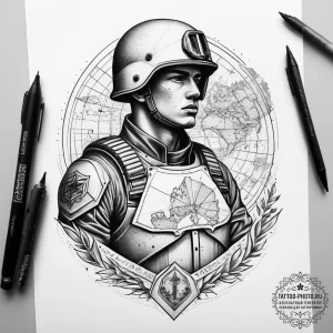 Tattoo sketch soldier with a map, tattoo flas... - эскиз тату (№1757393045_0, 09.09.2025 04:44) — tattoo-photo.ru