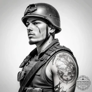 Tattoo sketch soldier with a map - эскиз тату (№1757402354_0, 09.09.2025 07:19) — tattoo-photo.ru