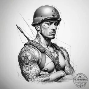 Tattoo sketch soldier with a thread - эскиз тату (№1757405117_0, 09.09.2025 08:05) — tattoo-photo.ru