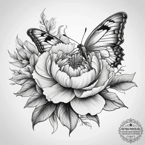 Tattoo sketch peony with a butterfly, concept... - эскиз тату (№1757406711_0, 09.09.2025 08:31) — tattoo-photo.ru