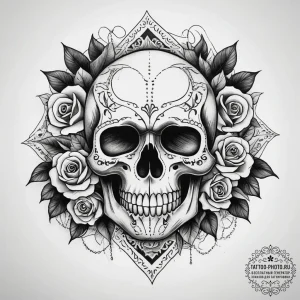 Tattoo sketch узор в виде черепа с розами, ta... - эскиз тату (№1757415603_0, 09.09.2025 11:00) — tattoo-photo.ru