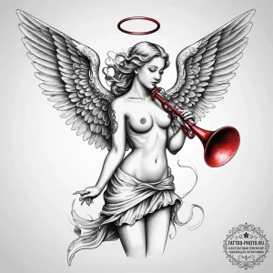 Tattoo sketch angel with trumpet, artistic ta... - эскиз тату (№1757430332_0, 09.09.2025 15:05) — tattoo-photo.ru