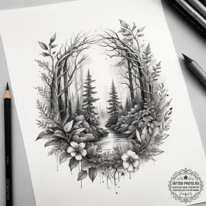Tattoo sketch enchanted forest with glowing p... - эскиз тату (№1757434648_0, 09.09.2025 16:17) — tattoo-photo.ru
