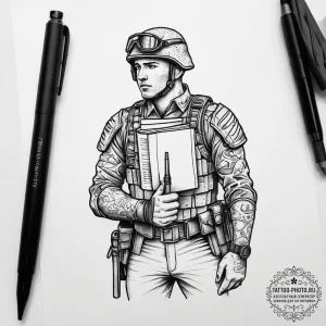 Tattoo sketch soldier with a book, tattoo fla... - эскиз тату (№1757449215_0, 09.09.2025 20:20) — tattoo-photo.ru