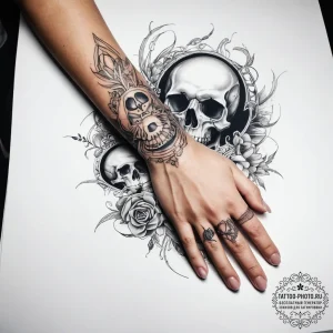 Tattoo sketch hands with a skull - эскиз тату (№1757454755_0, 09.09.2025 21:52) — tattoo-photo.ru