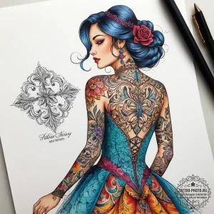 Tattoo sketch evening gown with a quote, arti... - эскиз тату (№1757461723_0, 09.09.2025 23:48) — tattoo-photo.ru