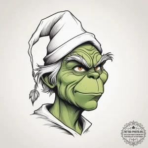 Tattoo sketch the grinch with a feather, ink... - эскиз тату (№1757463331_0, 10.09.2025 00:15) — tattoo-photo.ru